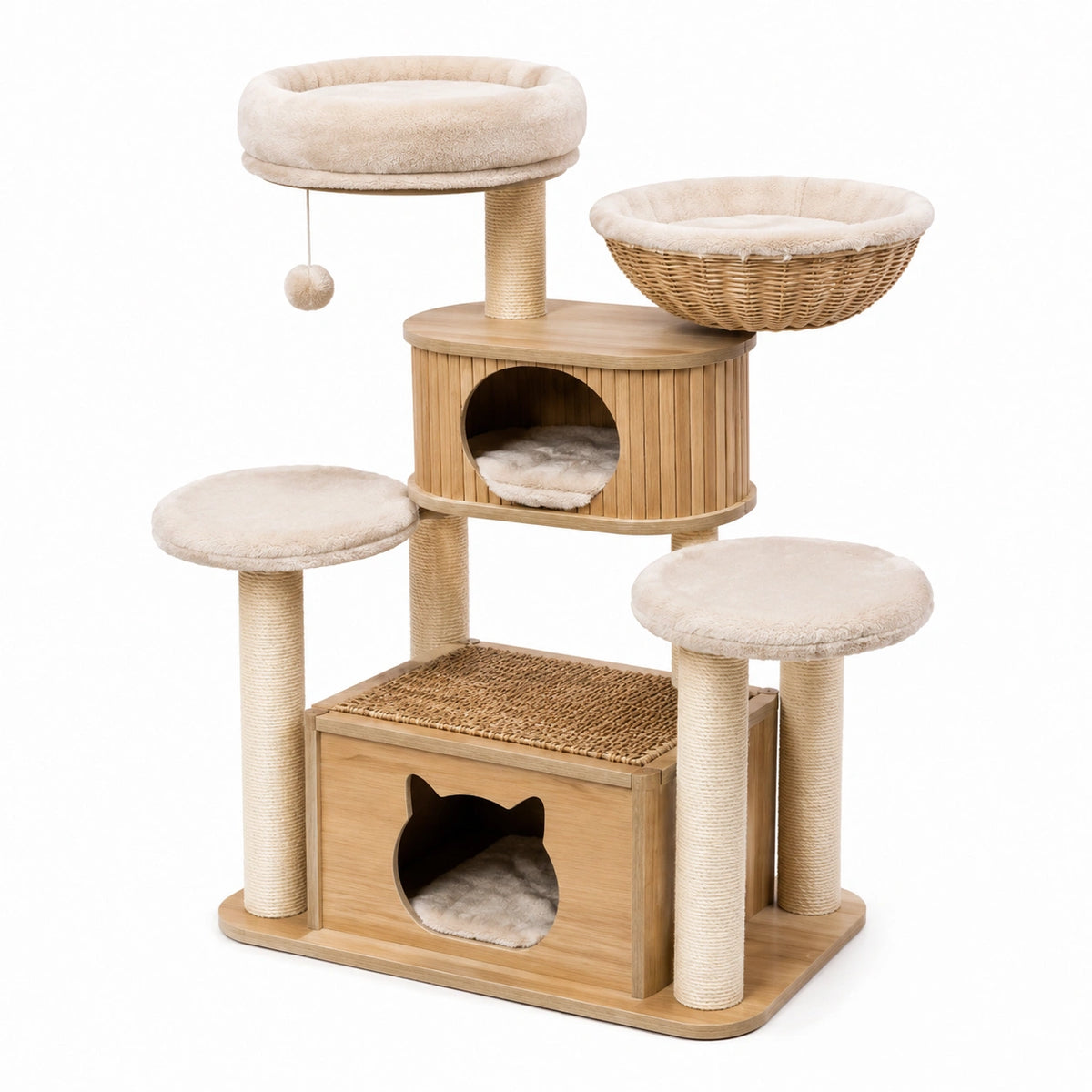 Árbol para gatos de madera y ratán beige con plataformas