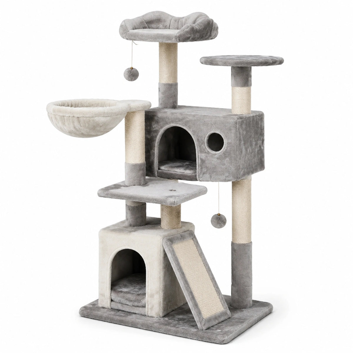 Árbol para gatos de múltiples niveles con rascadores de sisal y plataformas de felpa gris