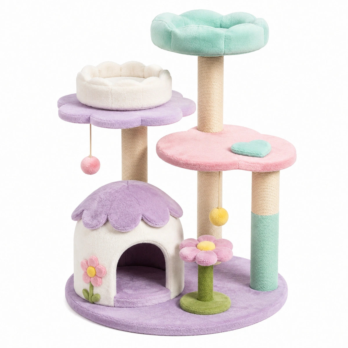 Árbol para gatos con casa y postes de sisal, colores pastel