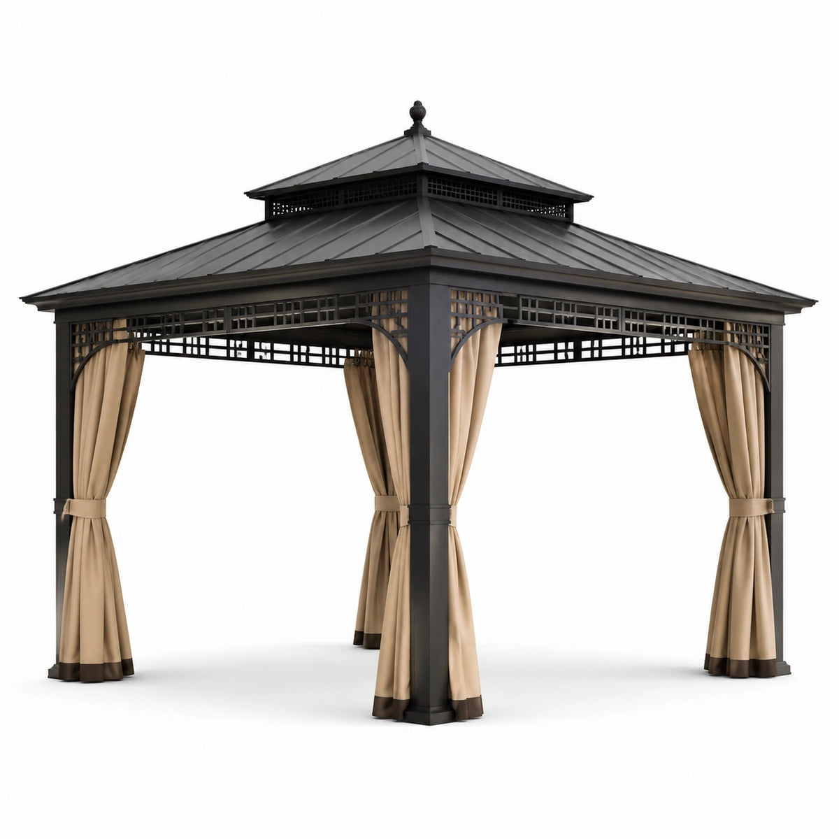 Gazebo de Aluminio con Cortinas de Poliéster Beige 3x3 m