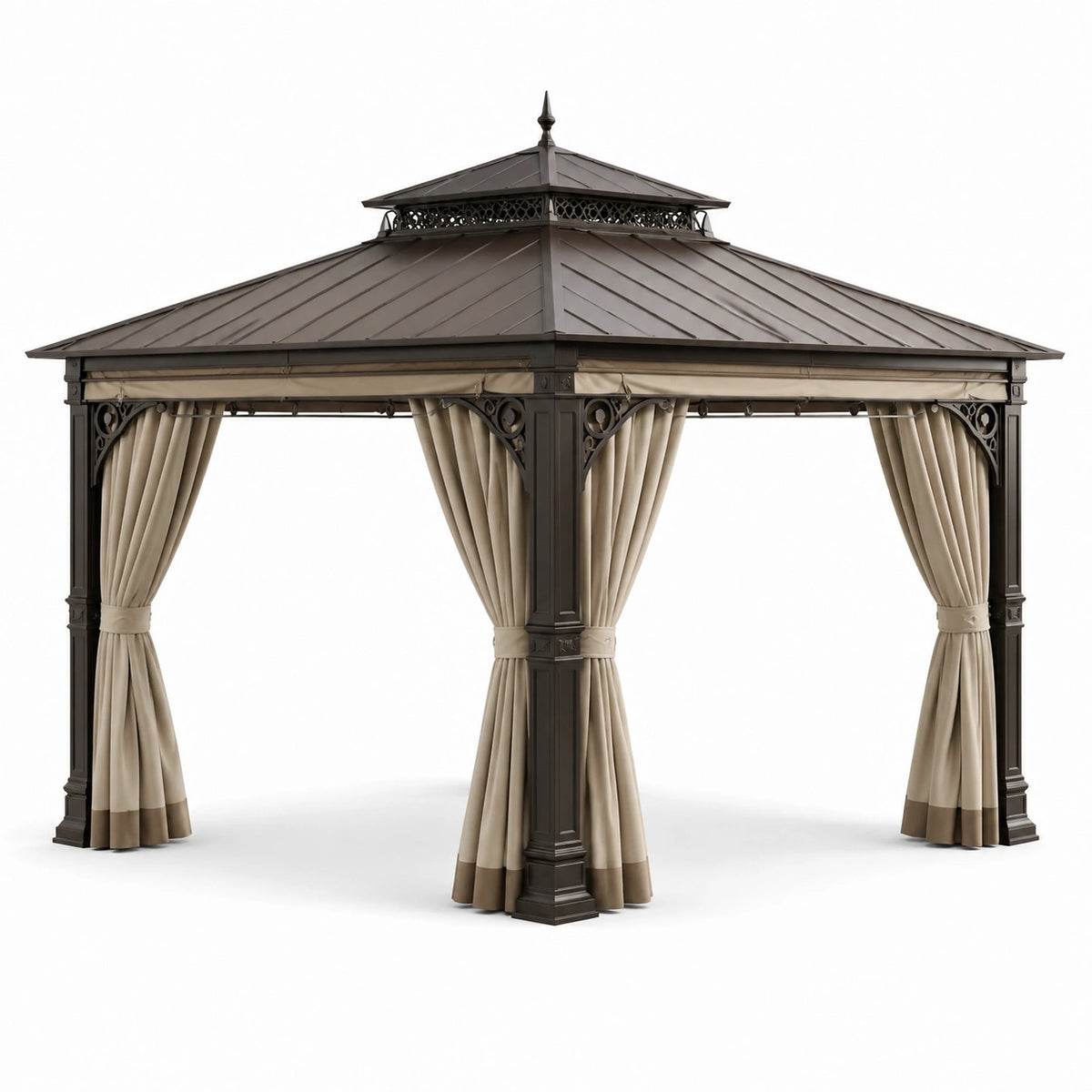 Cenador de aluminio con techo de acero y cortinas de poliéster beige 400x400x300 cm