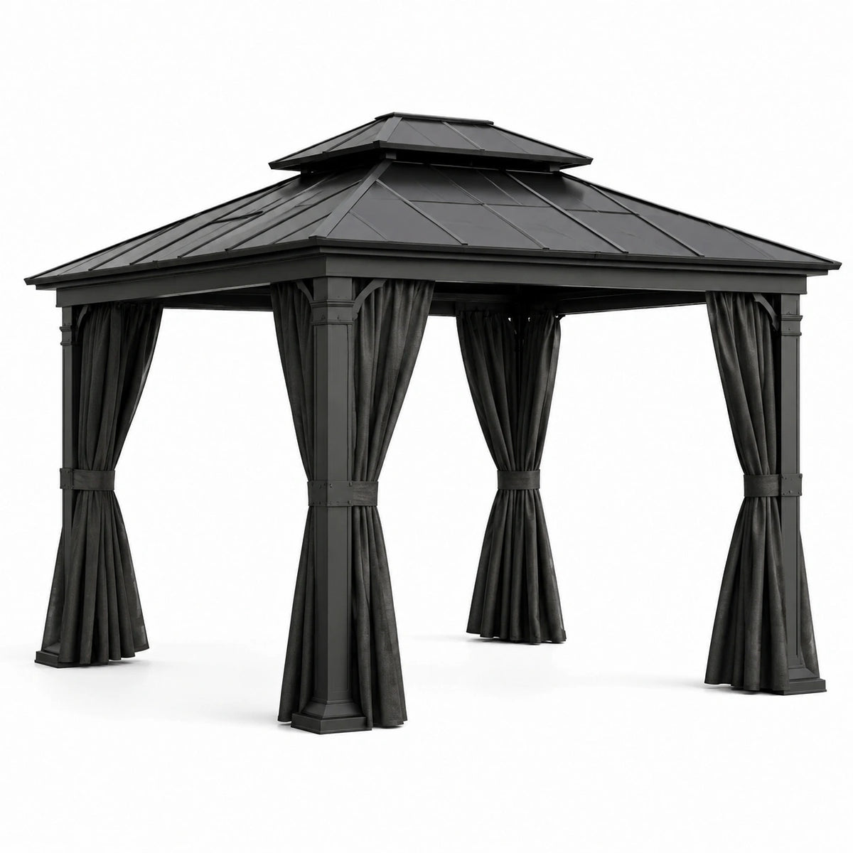 Pérgola de aluminio con techo metálico y cortinas negras 350x350x270 cm