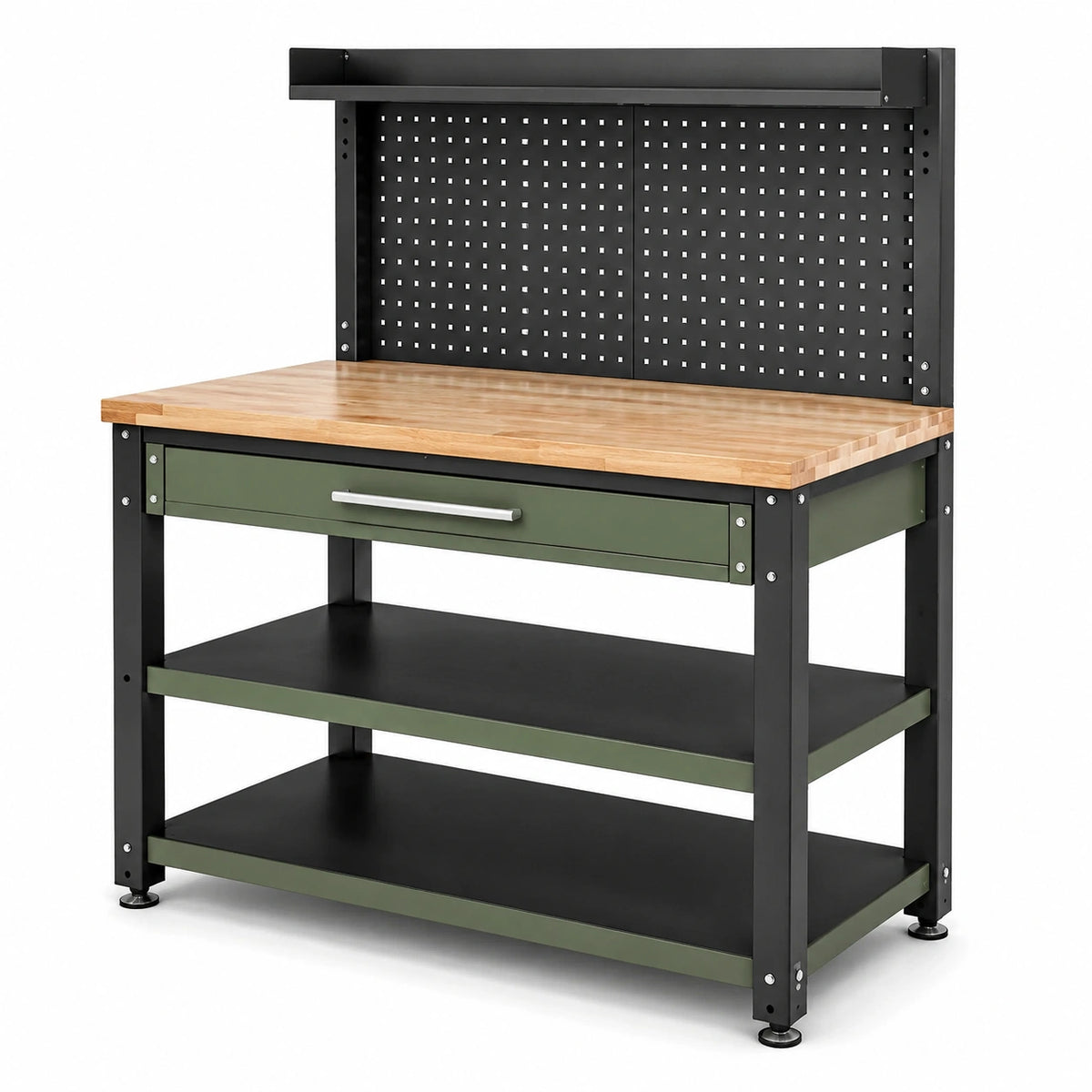Mesa de trabajo de metal con superficie de roble y panel perforado