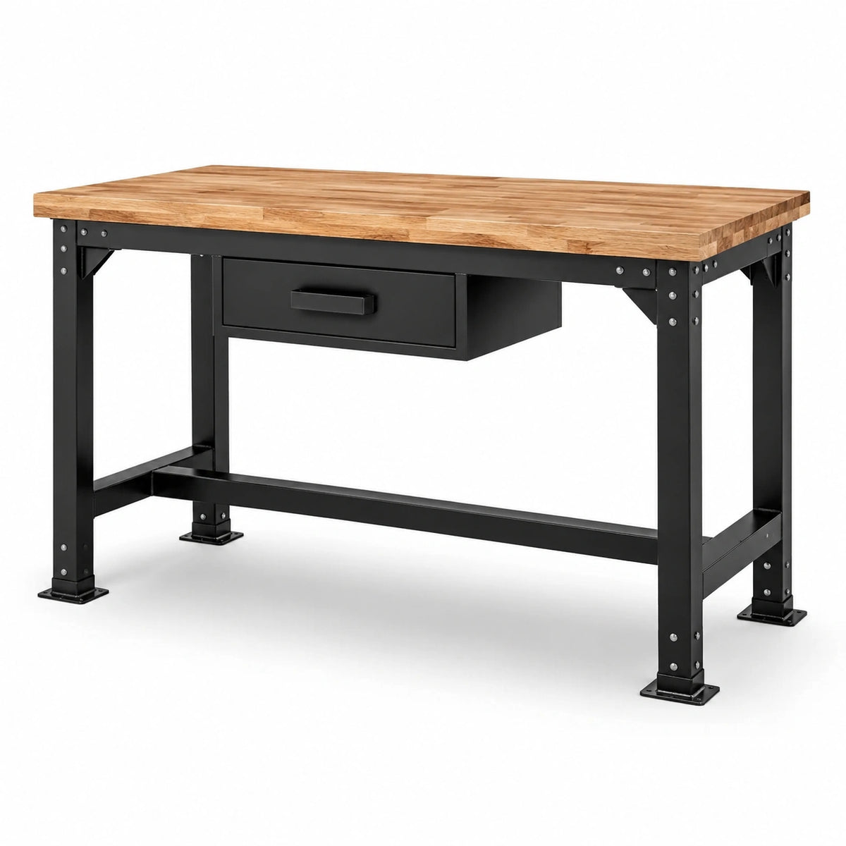 Mesa de trabajo de acero y madera con cajón, 140x60x90 cm
