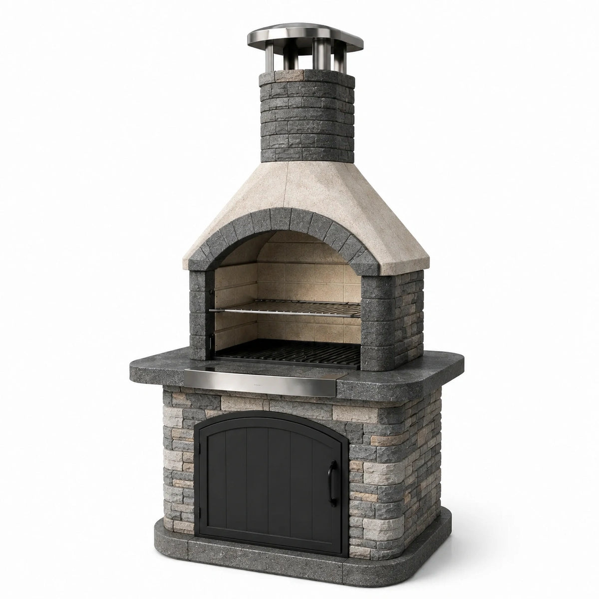 Barbacoa de piedra y acero inoxidable con chimenea