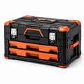Caja de herramientas apilable de plástico negro y naranja con cajones