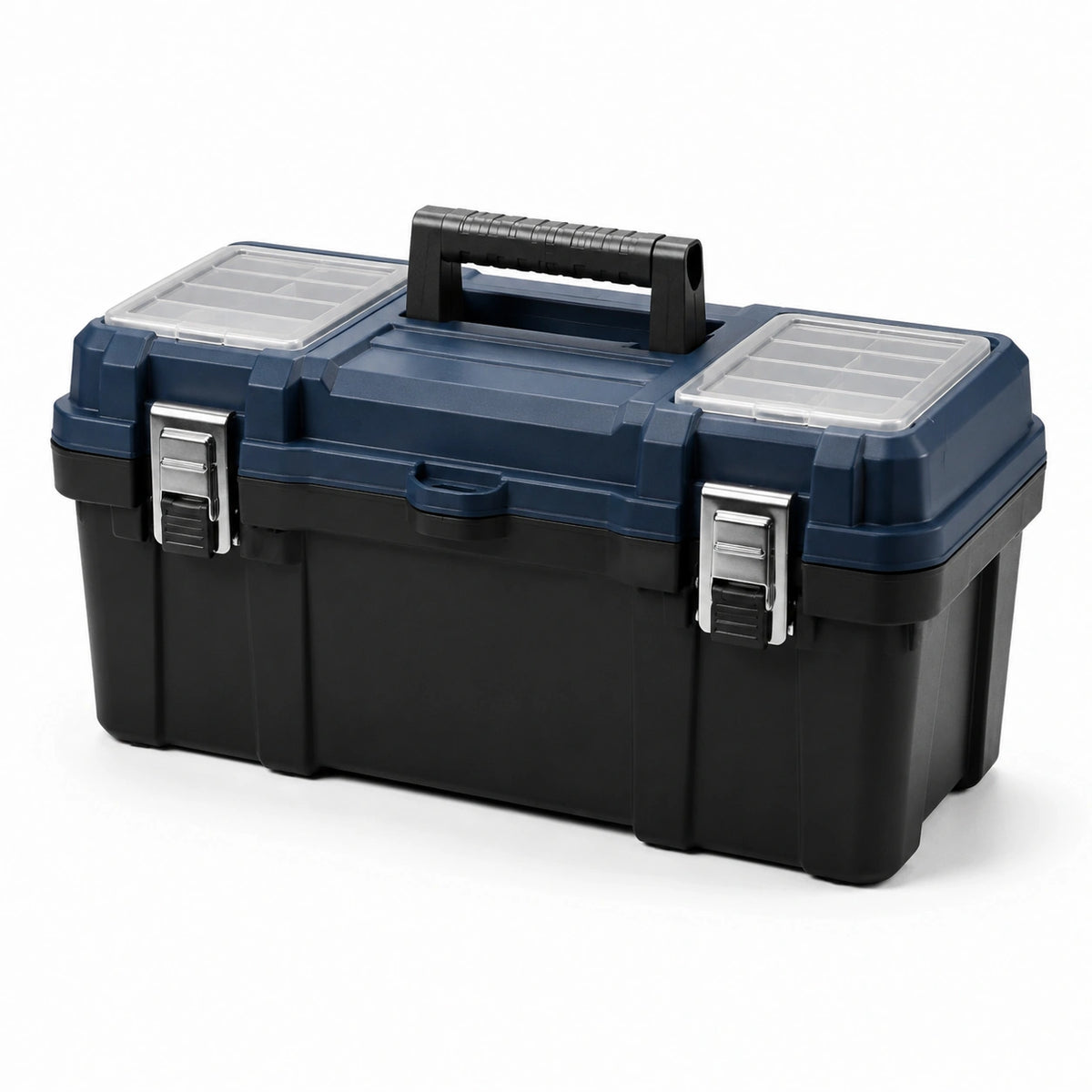 Caja de herramientas de plástico polipropileno negro y azul con compartimentos de policarbonato