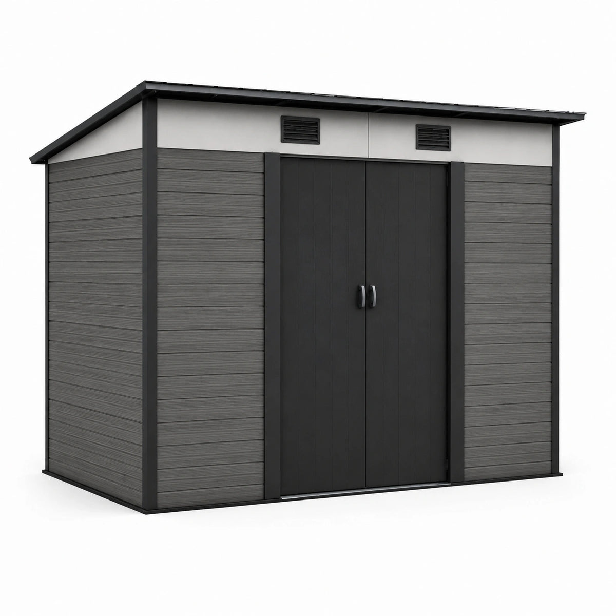 Cobertizo de resina y acero con puertas dobles y techo inclinado 200x150x210 cm gris y negro
