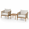 Conjunto de jardín en madera y cojines de poliéster crema, 2 sillones y mesa