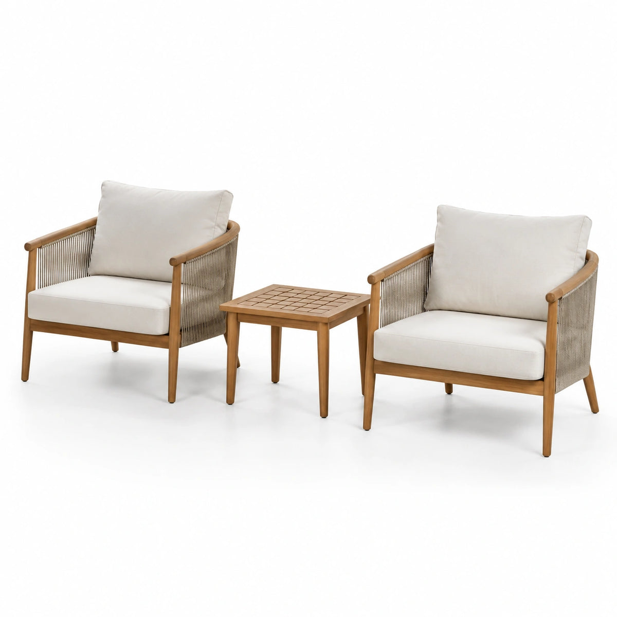 Conjunto de jardín en madera y cojines de poliéster crema, 2 sillones y mesa