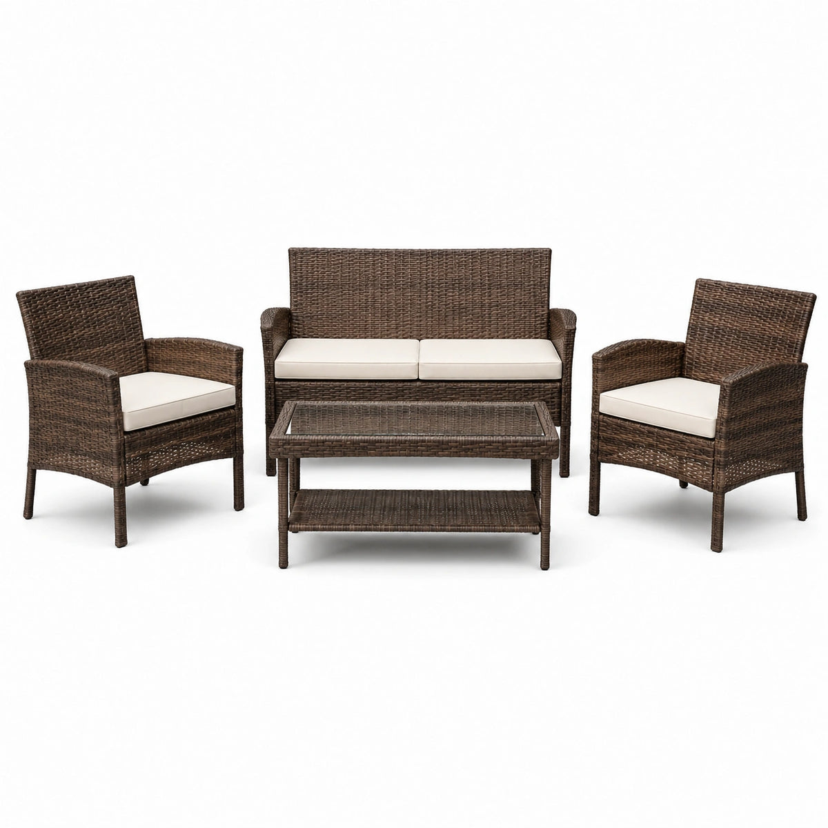 Conjunto de muebles de jardín de ratán sintético marrón con cojines crema