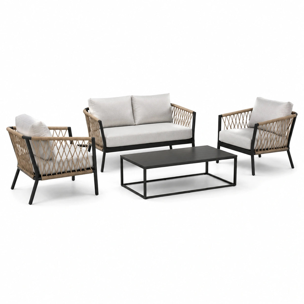 Set de muebles de jardín de metal y ratán sintético negro/beige